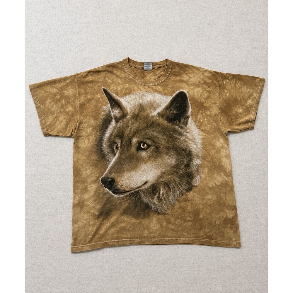 Vintage 90s The Mountain Wolf Graphic Tie Dye Shirt Women's XL Brown Animal Tee